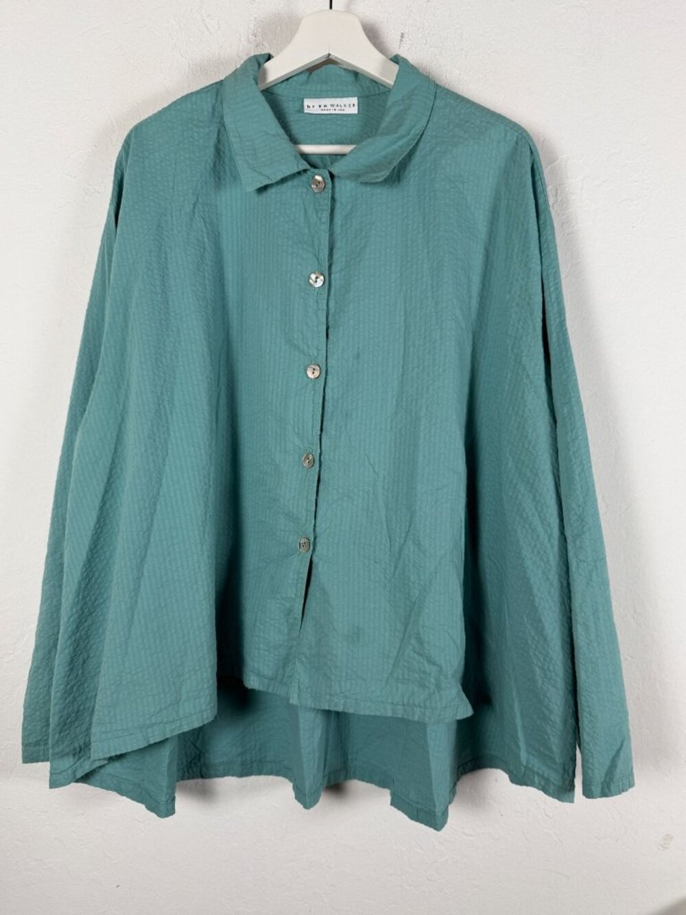 Bryn Walker Turquoise Crinkle Cotton Gauze Button Down Tunic Shirt Boho Large